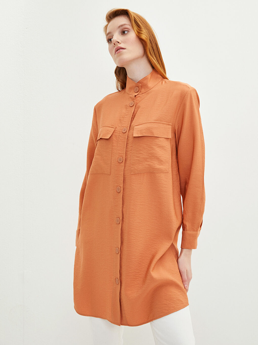 Tunique pour Femmes à Col Mao Unie à Manches Longues-1