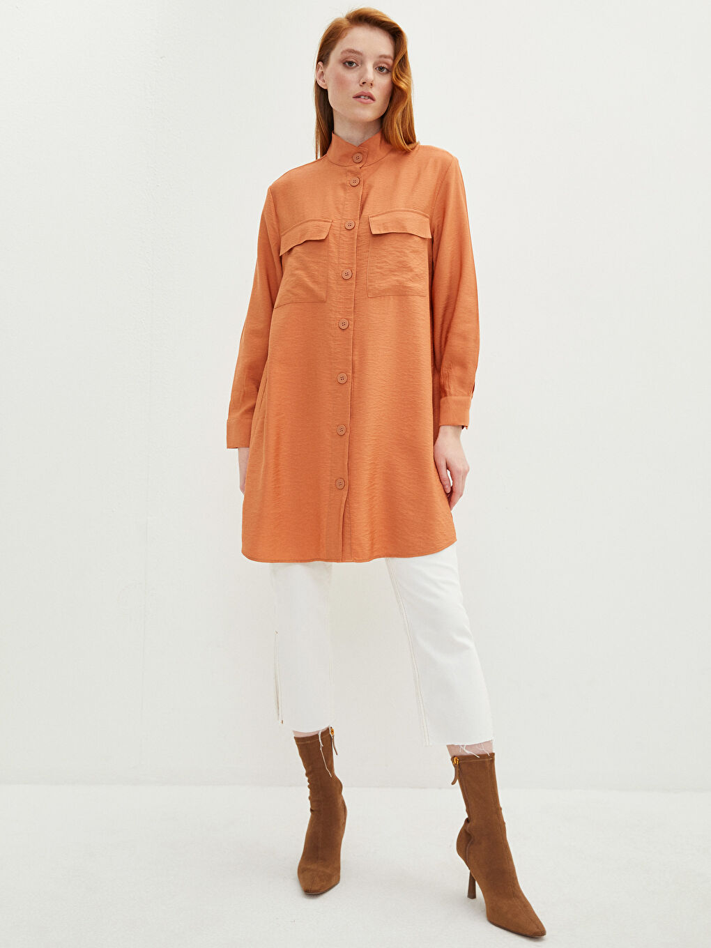 Tunique pour Femmes à Col Mao Unie à Manches Longues-2