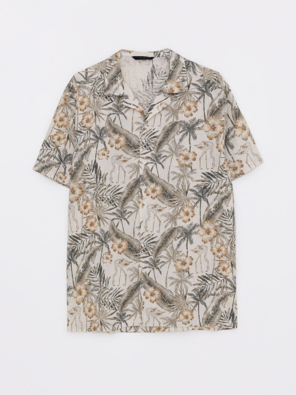 Bej Regular Fit Kısa Kollu Desenli Poplin Erkek Gömlek