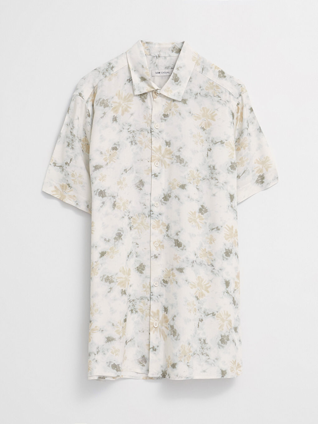 Bej Regular Fit Kısa Kollu Desenli Poplin Erkek Gömlek