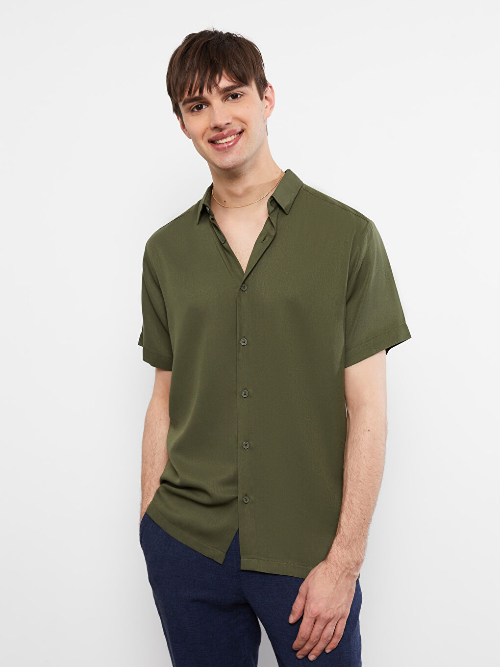 Haki Regular Fit Kısa Kollu Gabardin Erkek Gömlek-2