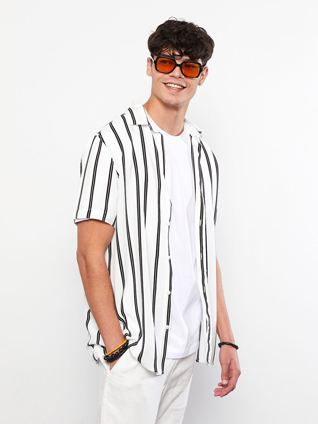 Beyaz Regular Fit Kısa Kollu Çizgili Poplin Erkek Gömlek-1