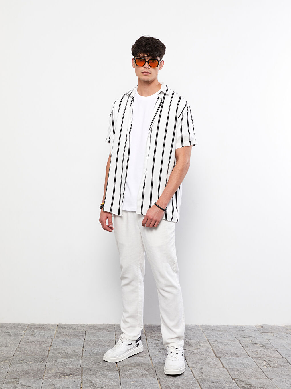 Beyaz Regular Fit Kısa Kollu Çizgili Poplin Erkek Gömlek-2