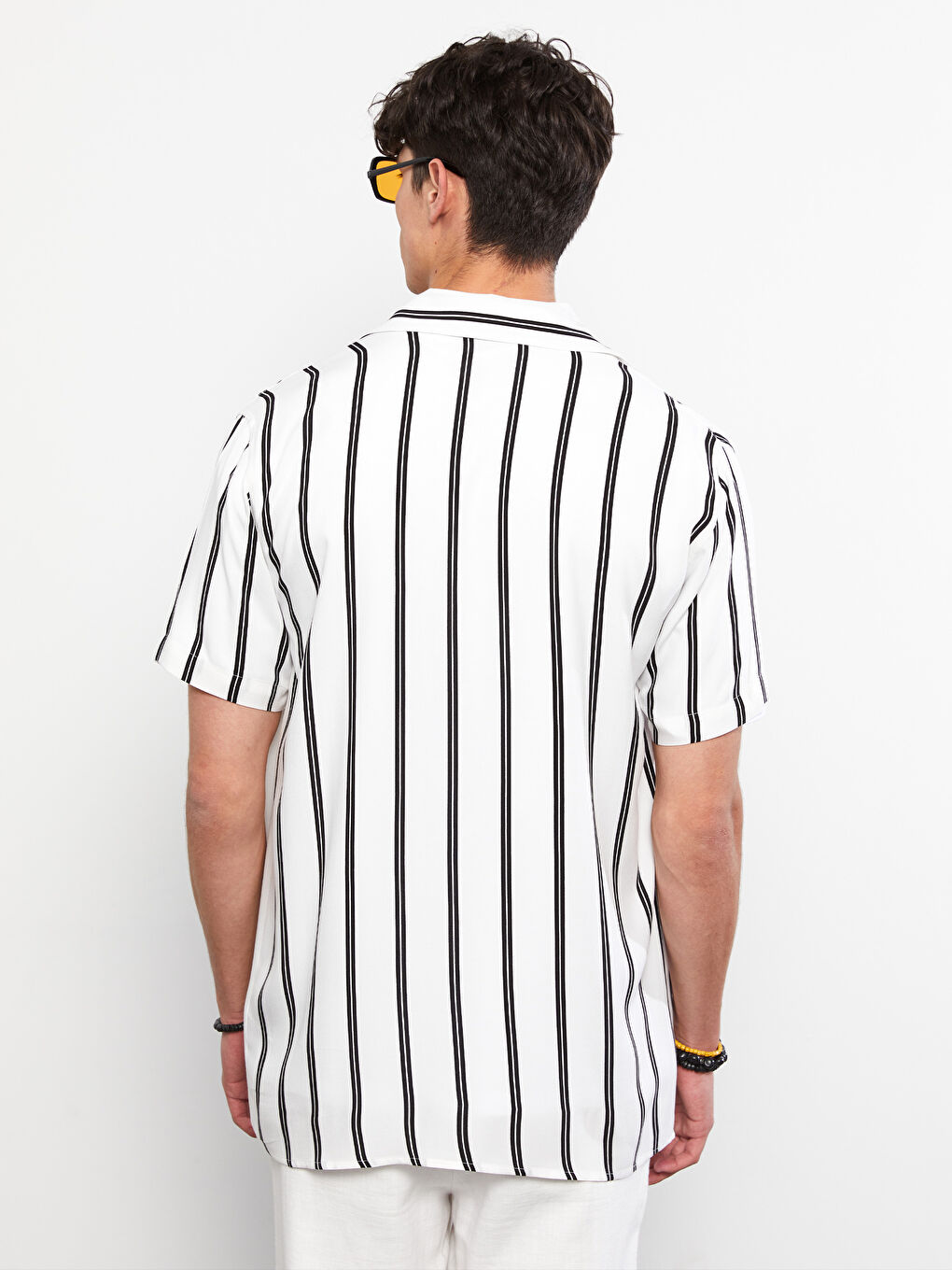 Beyaz Regular Fit Kısa Kollu Çizgili Poplin Erkek Gömlek-4