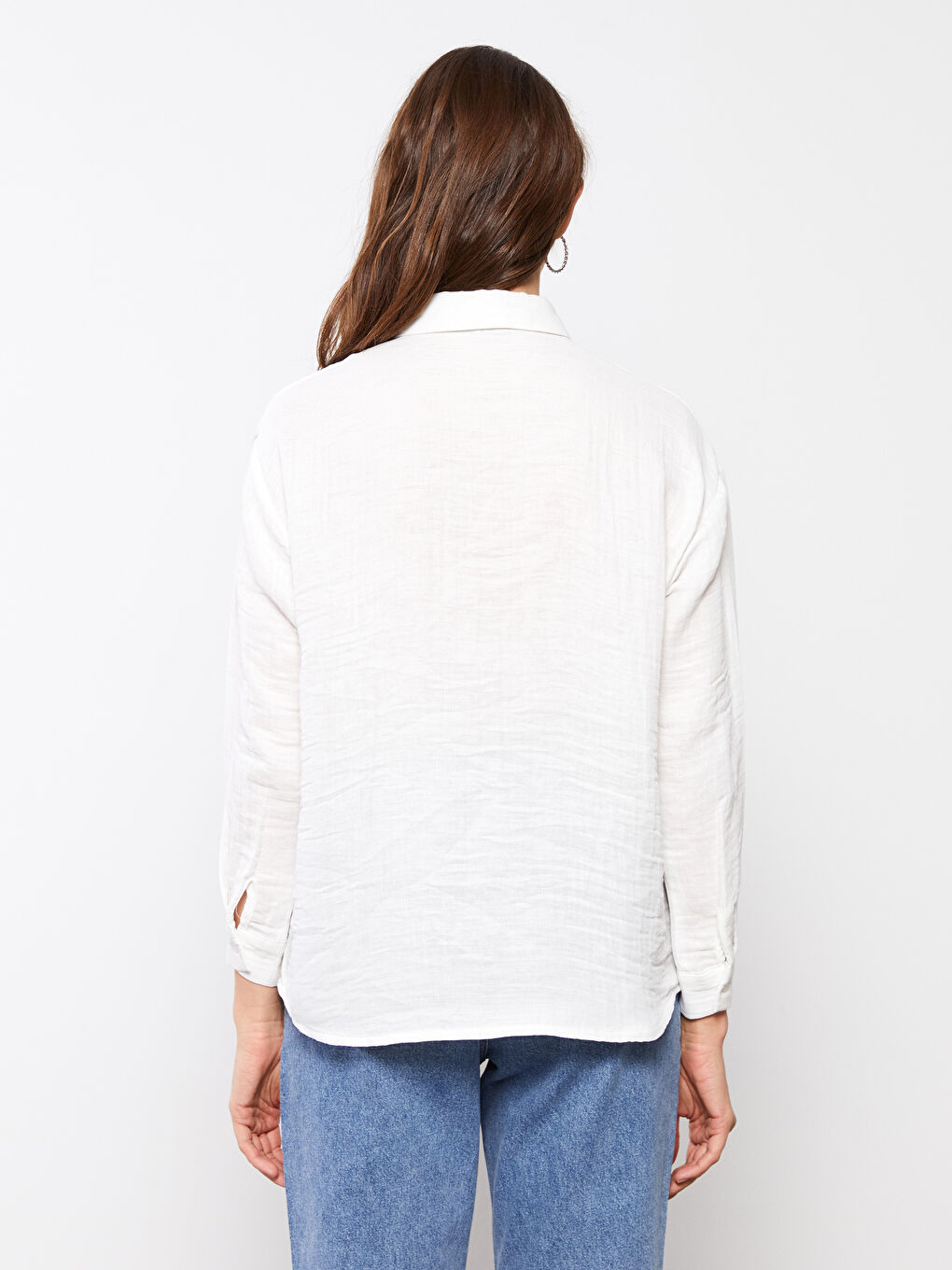 Ekru Önden Düğme Kapamalı Düz Uzun Kollu Kadın Gömlek-5