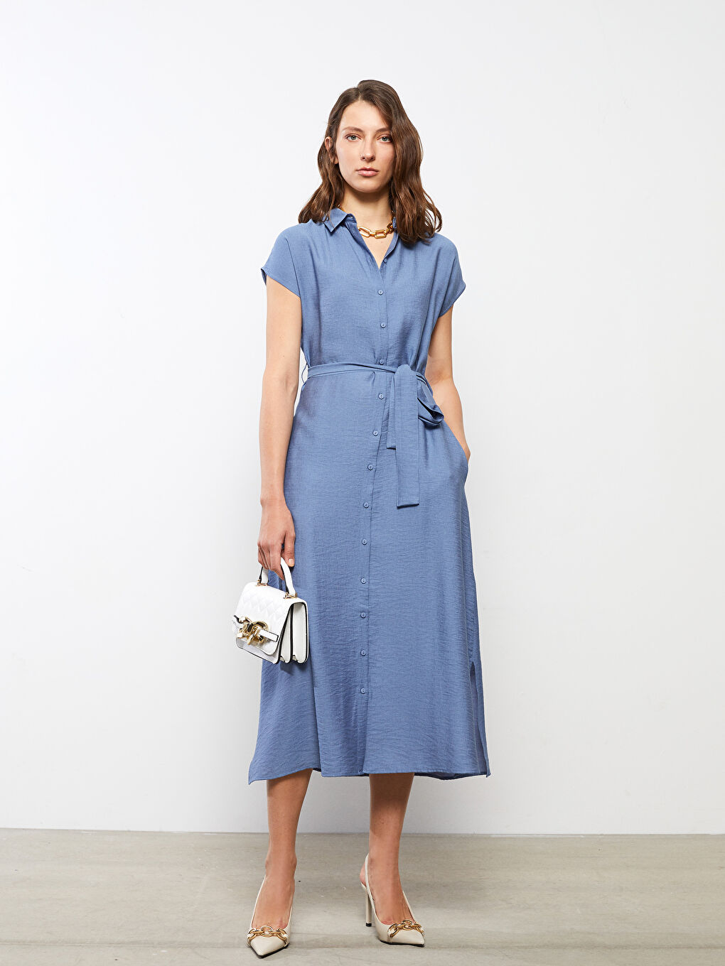 Plain Short Sleeve Women's Shirt Dress-1