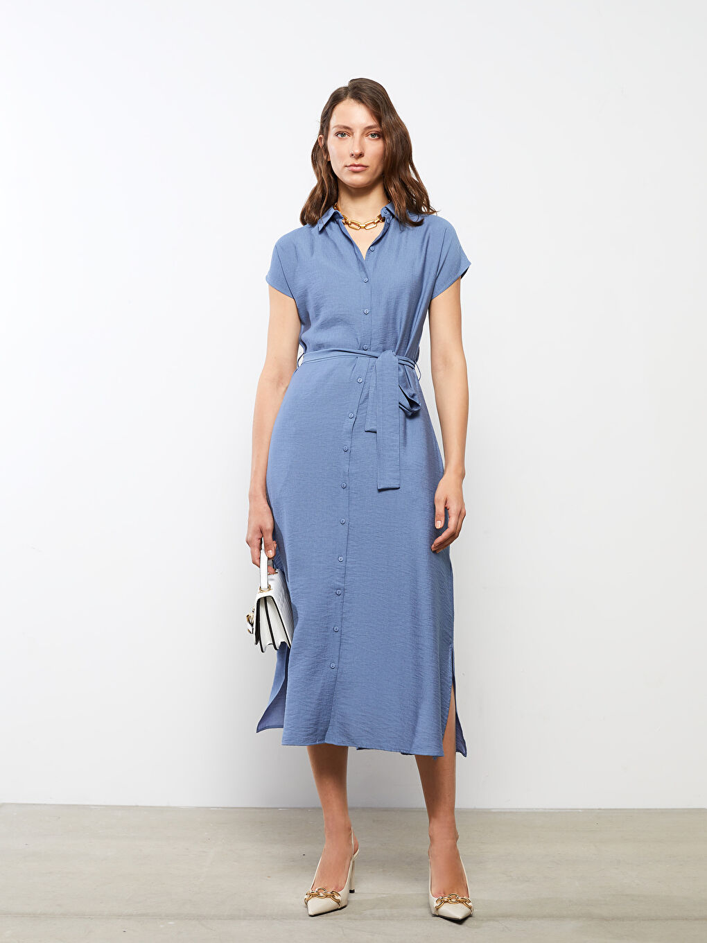 Plain Short Sleeve Women's Shirt Dress-2