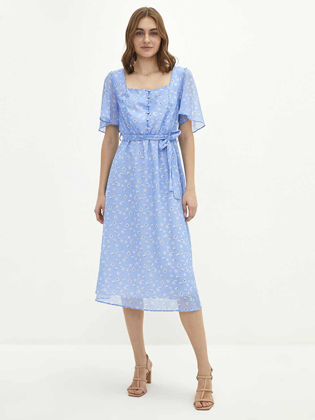 Mavi Kare Yaka Desenli Kısa Kollu Kadın Elbise-1