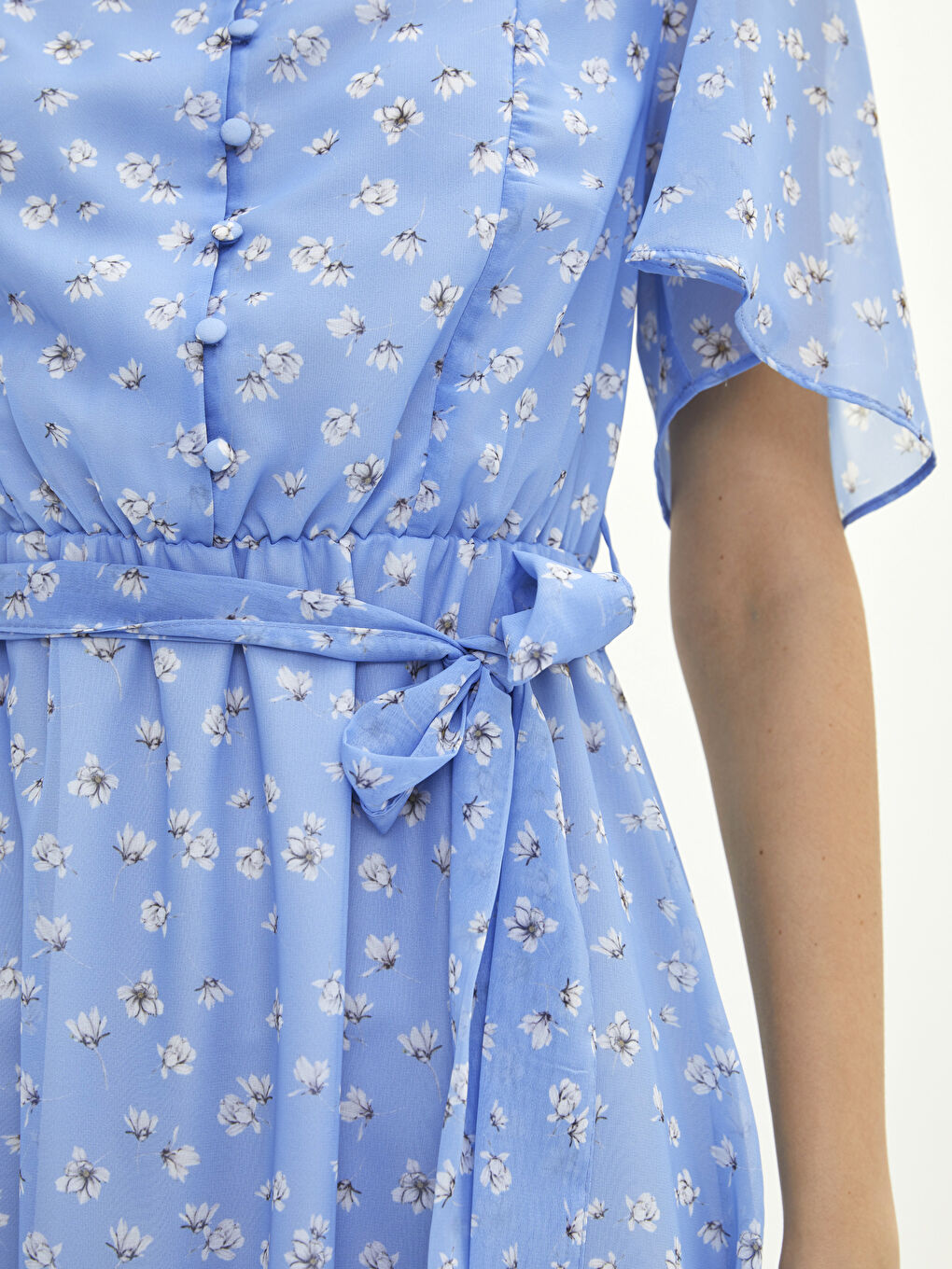 Mavi Kare Yaka Desenli Kısa Kollu Kadın Elbise-2