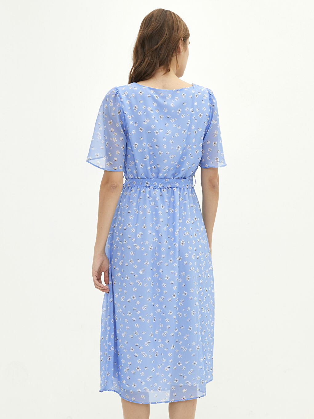 Mavi Kare Yaka Desenli Kısa Kollu Kadın Elbise-3