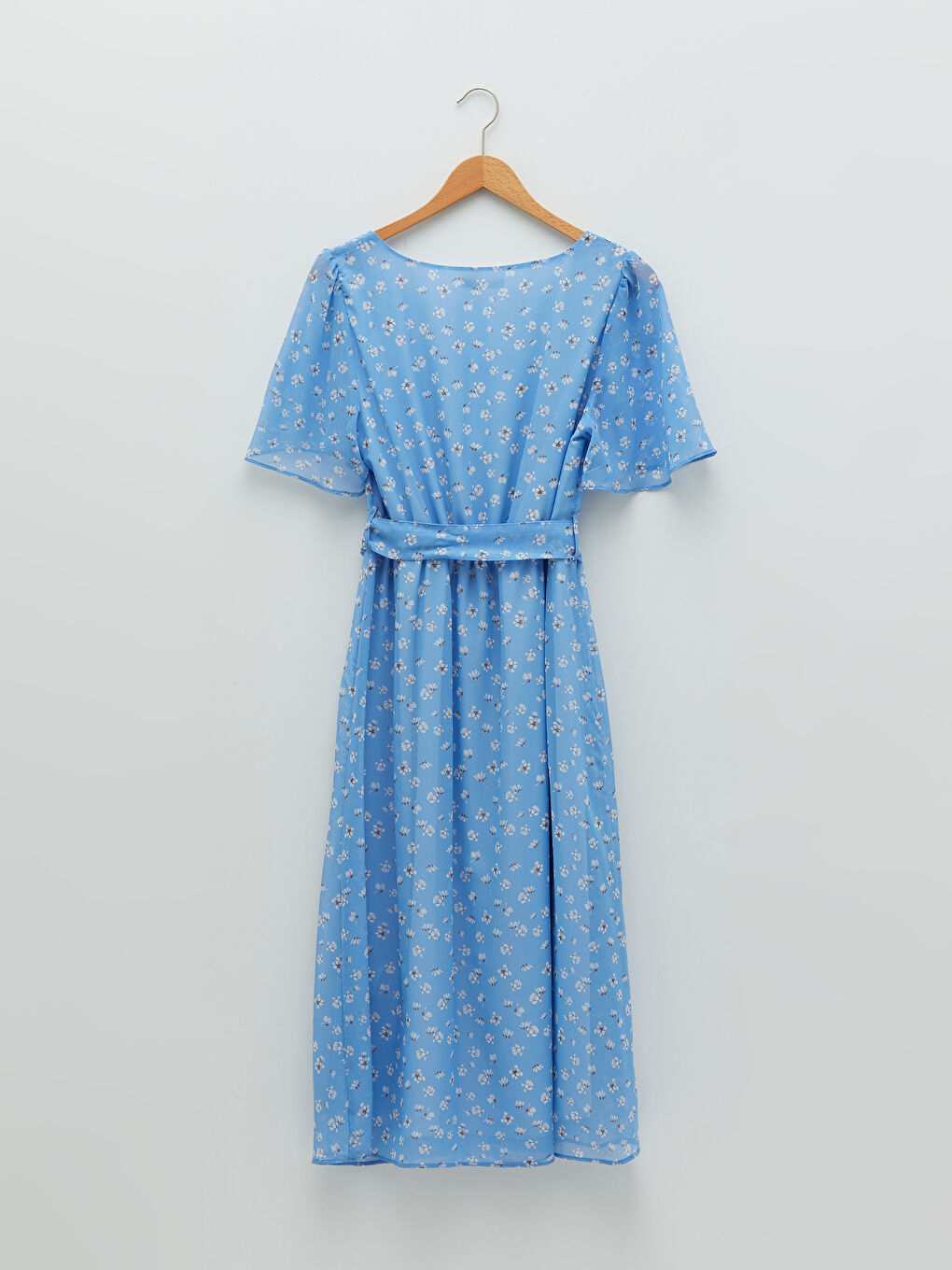 Mavi Kare Yaka Desenli Kısa Kollu Kadın Elbise-5