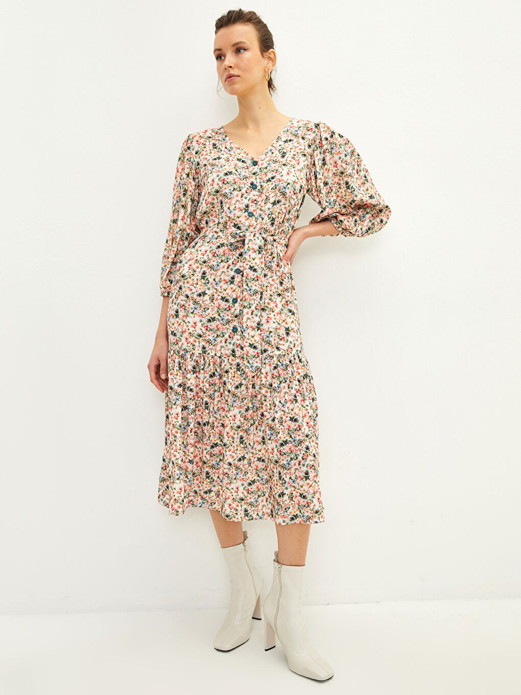 V-Neck Floral Long Sleeve Viscose Women's Dress