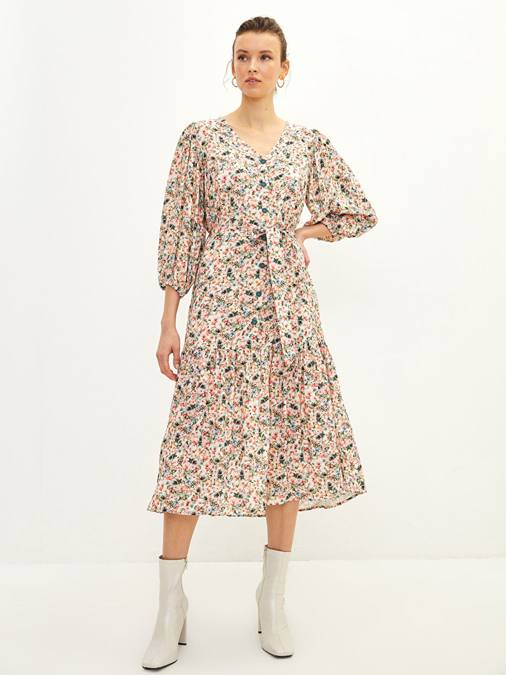 V-Neck Floral Long Sleeve Viscose Women's Dress-1