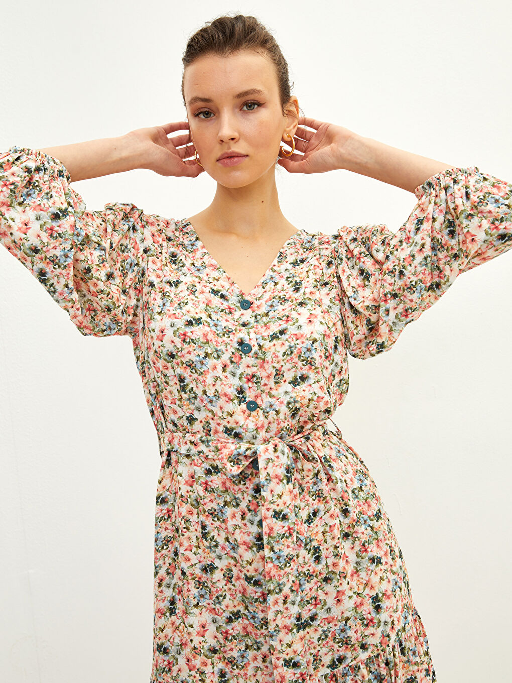 V-Neck Floral Long Sleeve Viscose Women's Dress-2