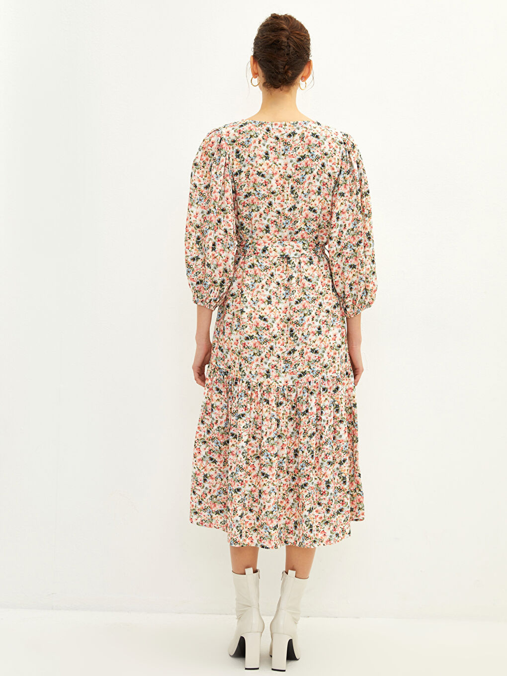 V-Neck Floral Long Sleeve Viscose Women's Dress-4