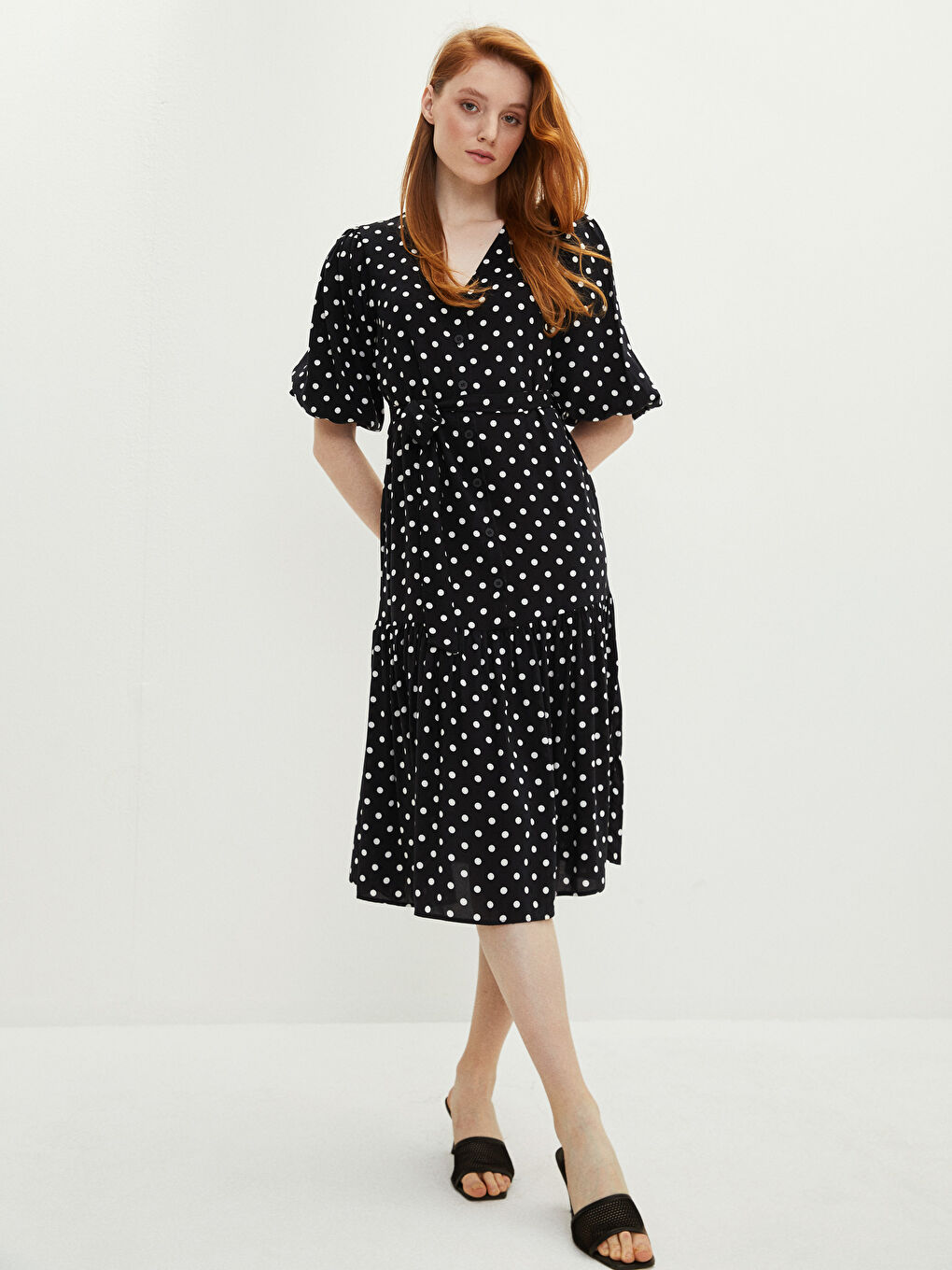 V-Neck Polka Dot Viscose Women's Dress