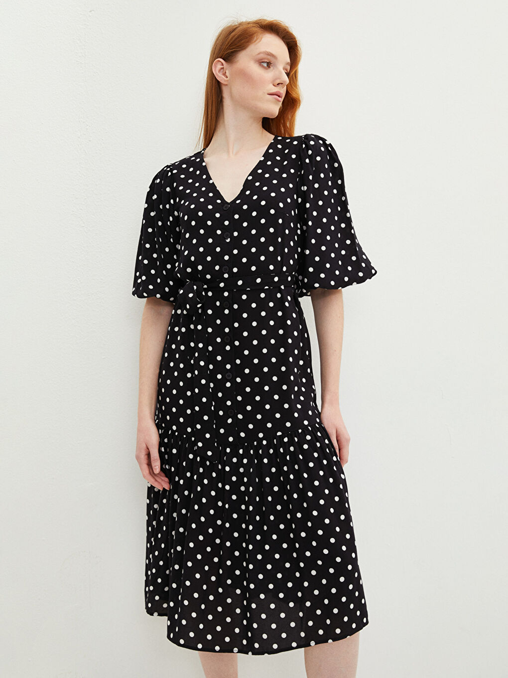 V-Neck Polka Dot Viscose Women's Dress-2