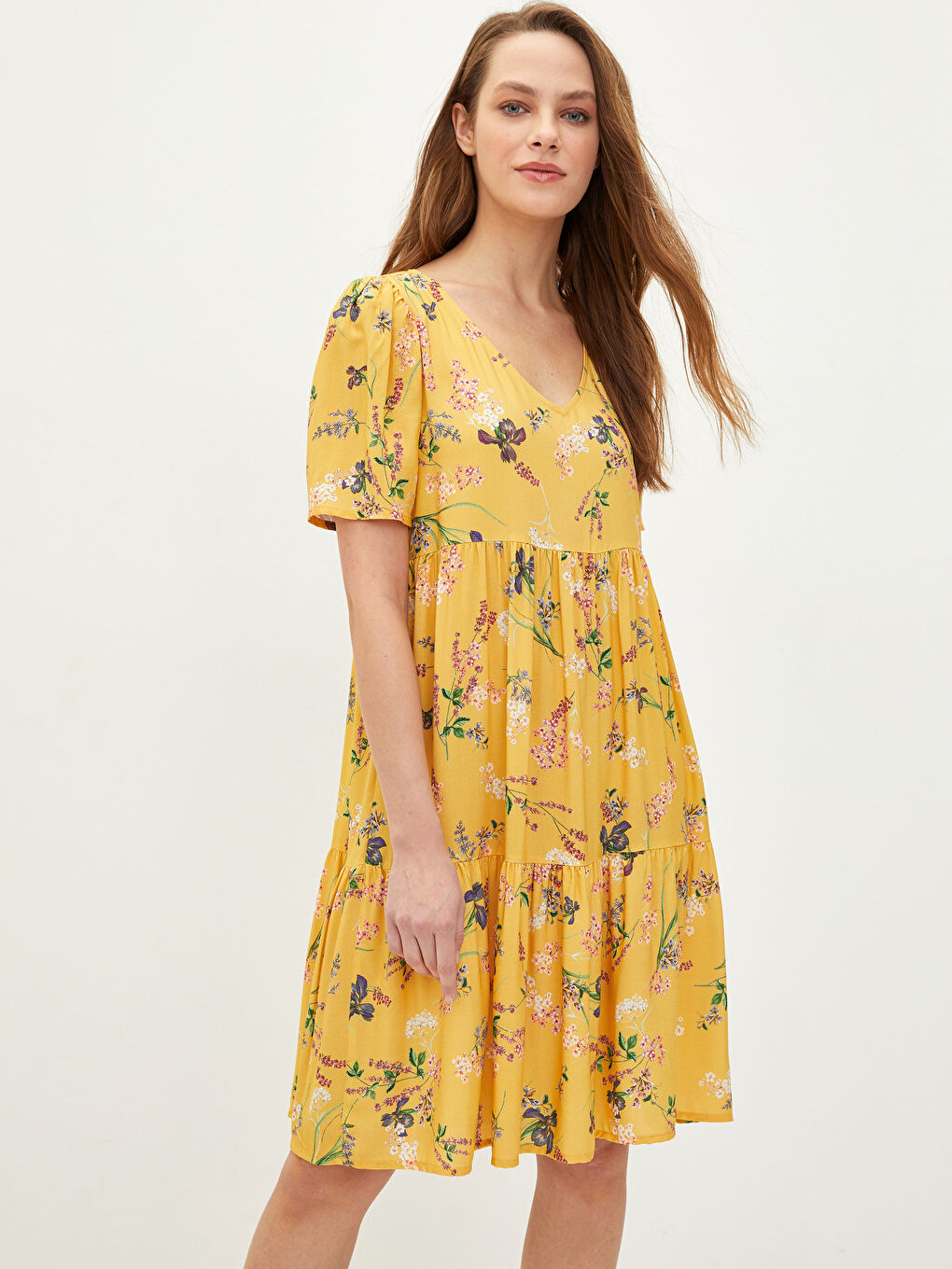 V-Neck Floral Short Sleeve Viscose Women's Dress -S2BQ70Z8-LUG
