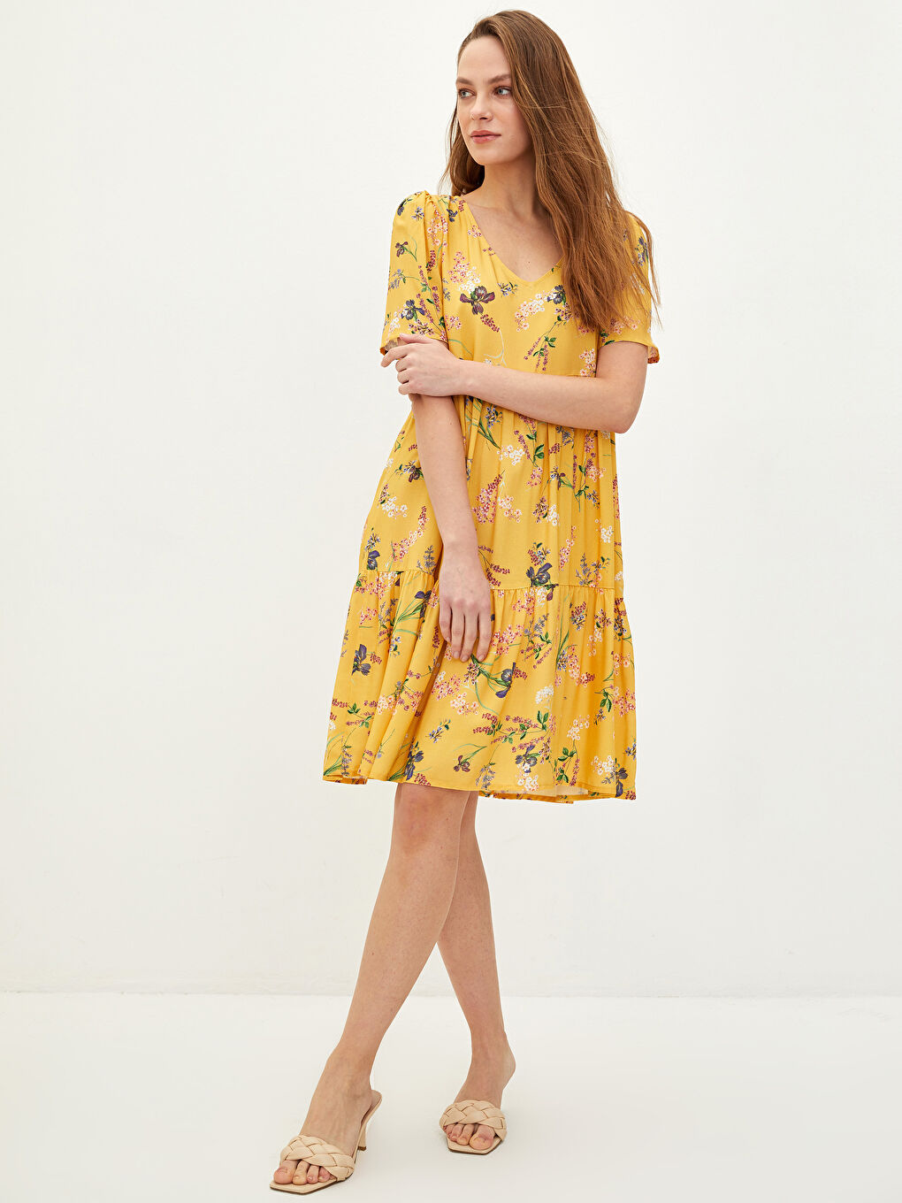V-Neck Floral Short Sleeve Viscose Women's Dress -S2BQ70Z8-LUG