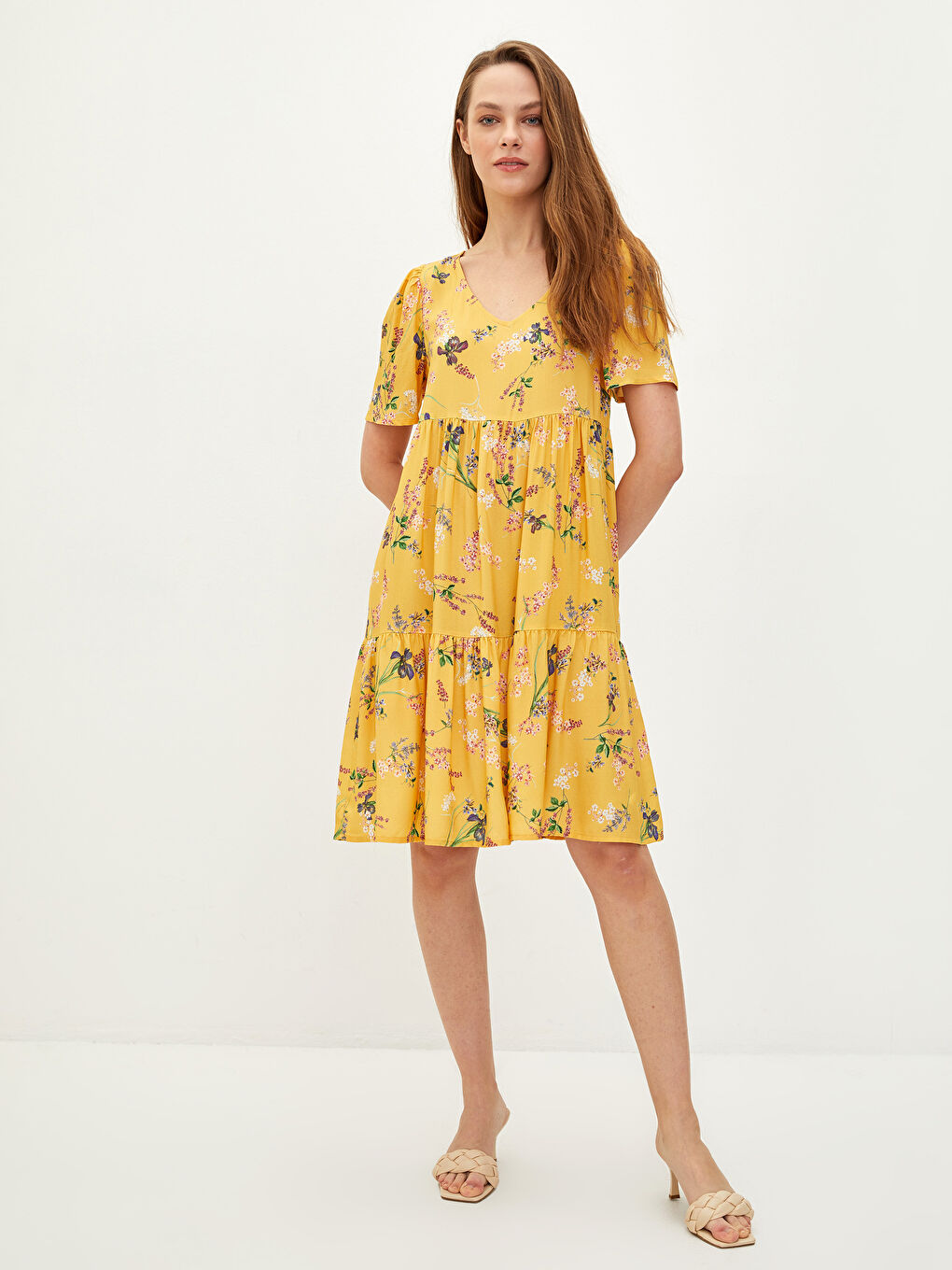 V-Neck Floral Short Sleeve Viscose Women's Dress -S2BQ70Z8-LUG