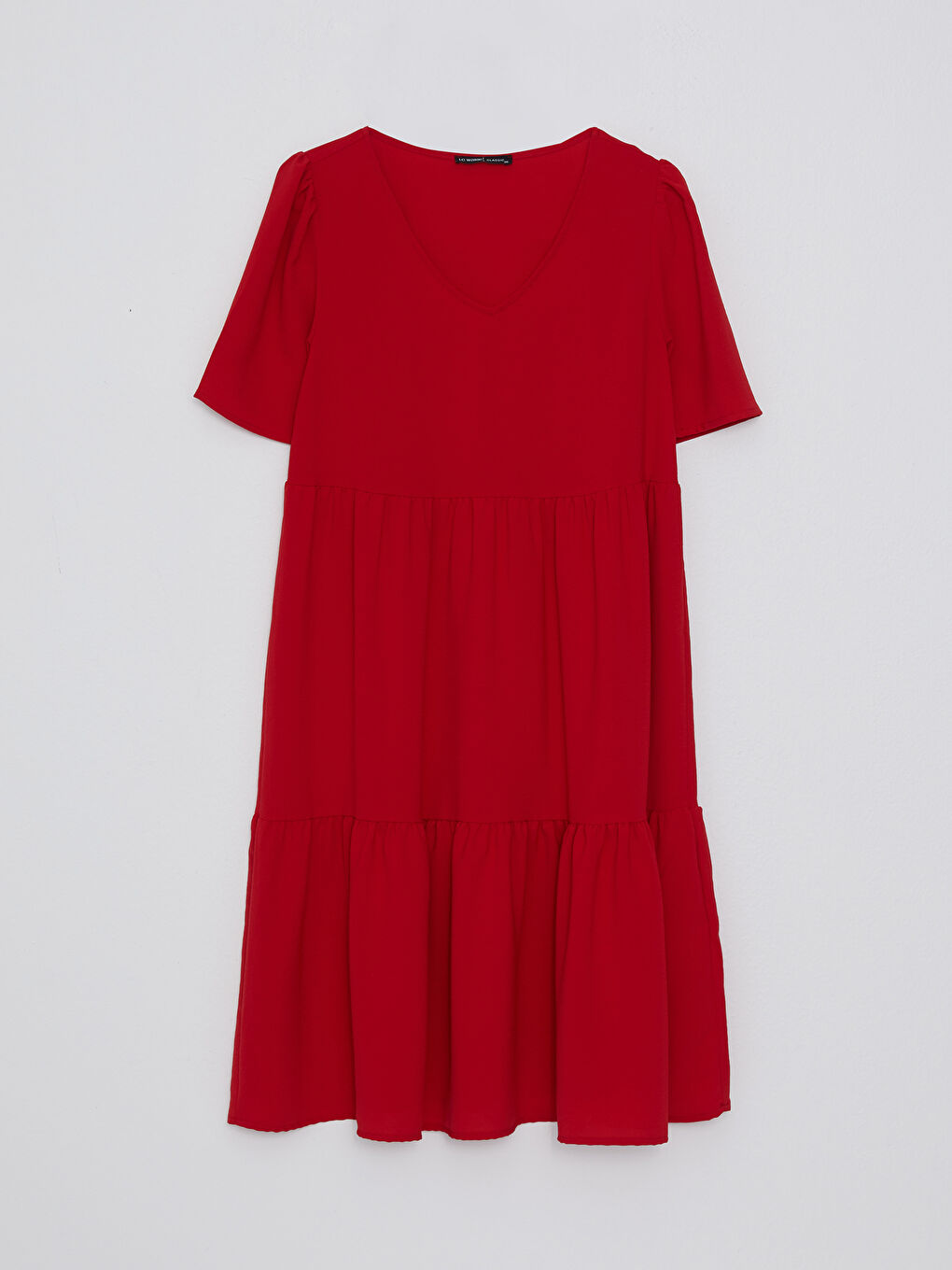 Kırmızı V Yaka Düz Kısa Kollu Kadın Elbise-6