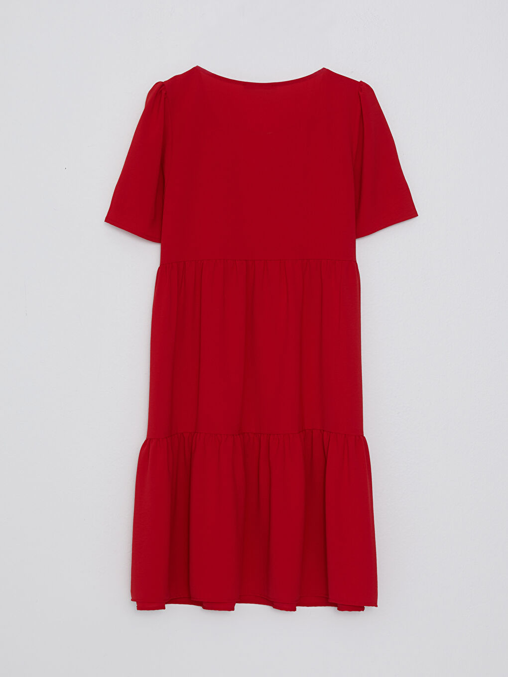 Kırmızı V Yaka Düz Kısa Kollu Kadın Elbise-7