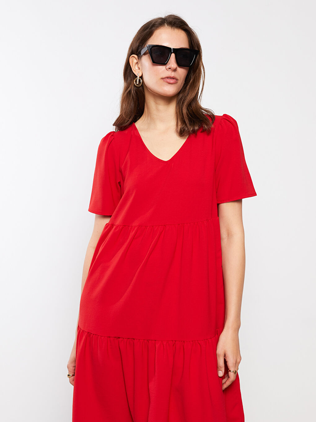 Kırmızı V Yaka Düz Kısa Kollu Kadın Elbise-2
