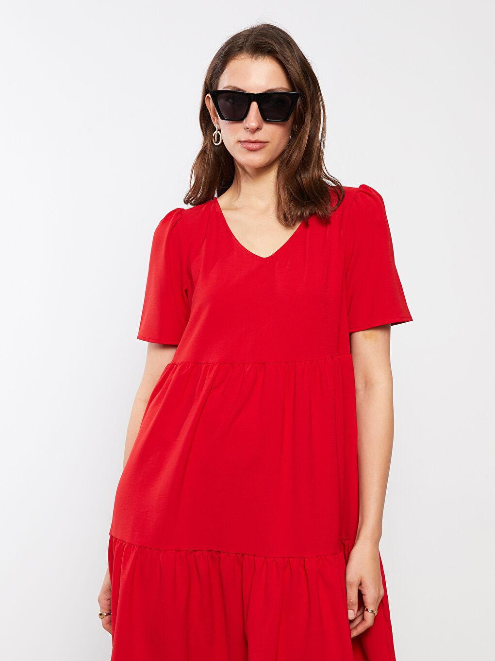Kırmızı V Yaka Düz Kısa Kollu Kadın Elbise-3