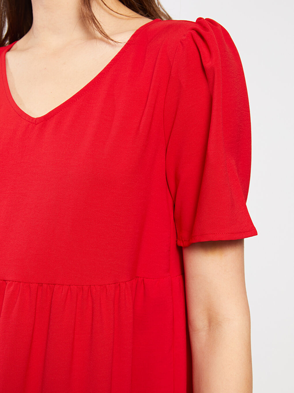 Kırmızı V Yaka Düz Kısa Kollu Kadın Elbise-4