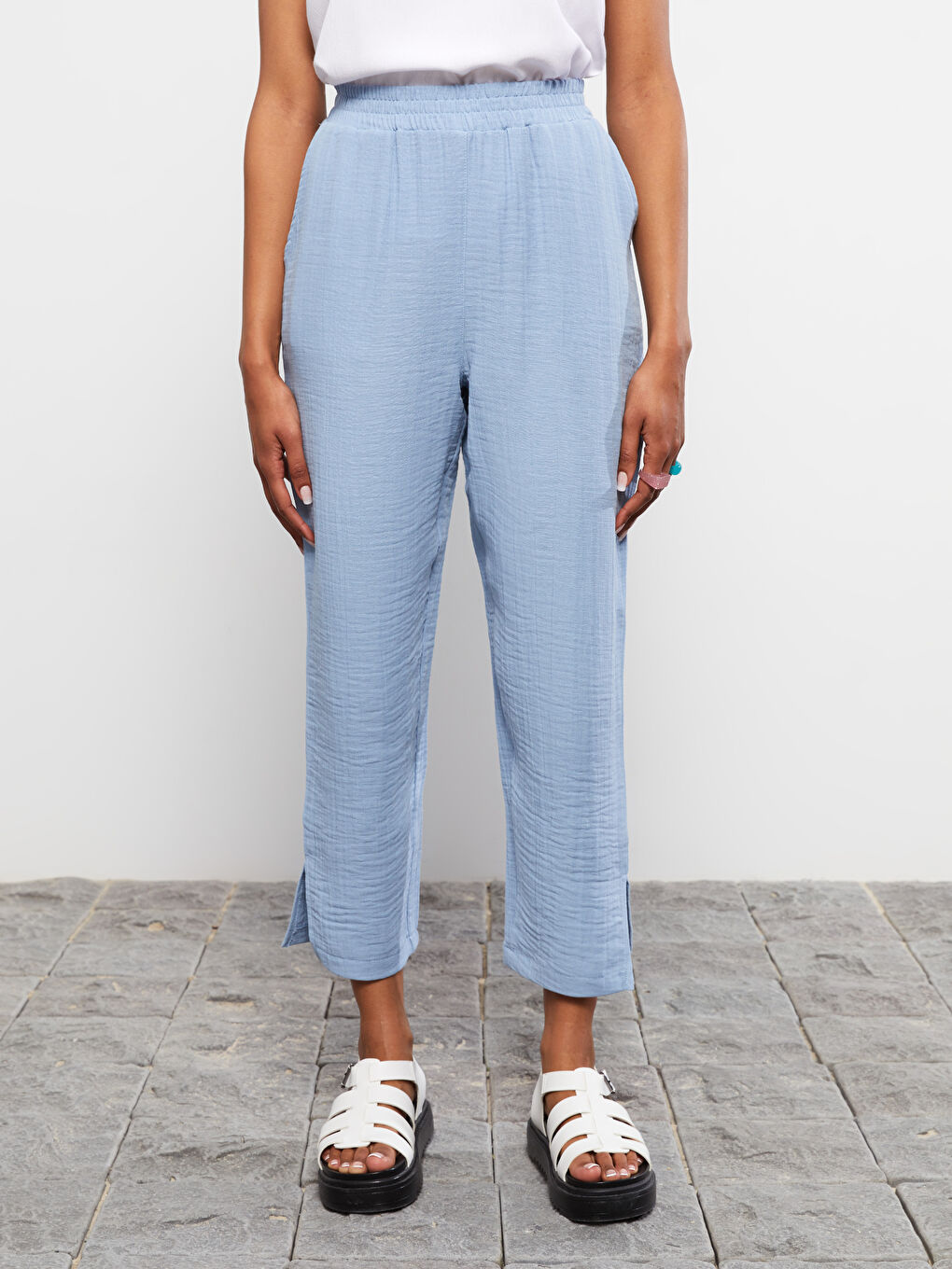 Elastic Waist Comfortable Fit Straight Pocket Women's Trousers Detailed-2