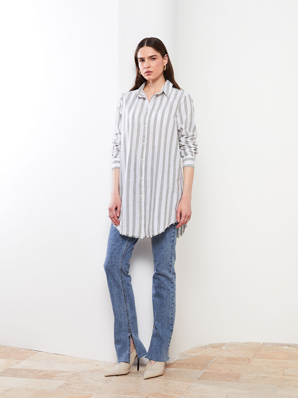 Haki Çizgili Kadın Gömlek Tunik