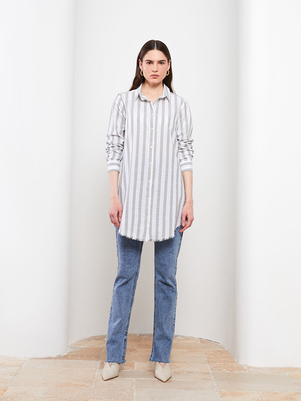 Haki Çizgili Kadın Gömlek Tunik-1