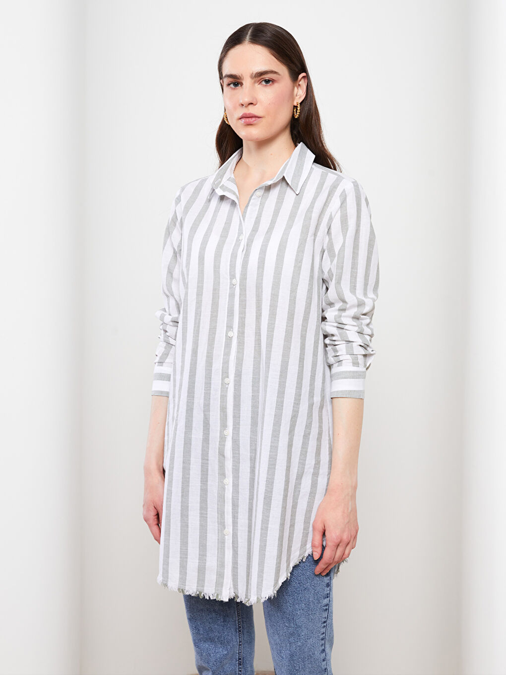 Haki Çizgili Kadın Gömlek Tunik-2