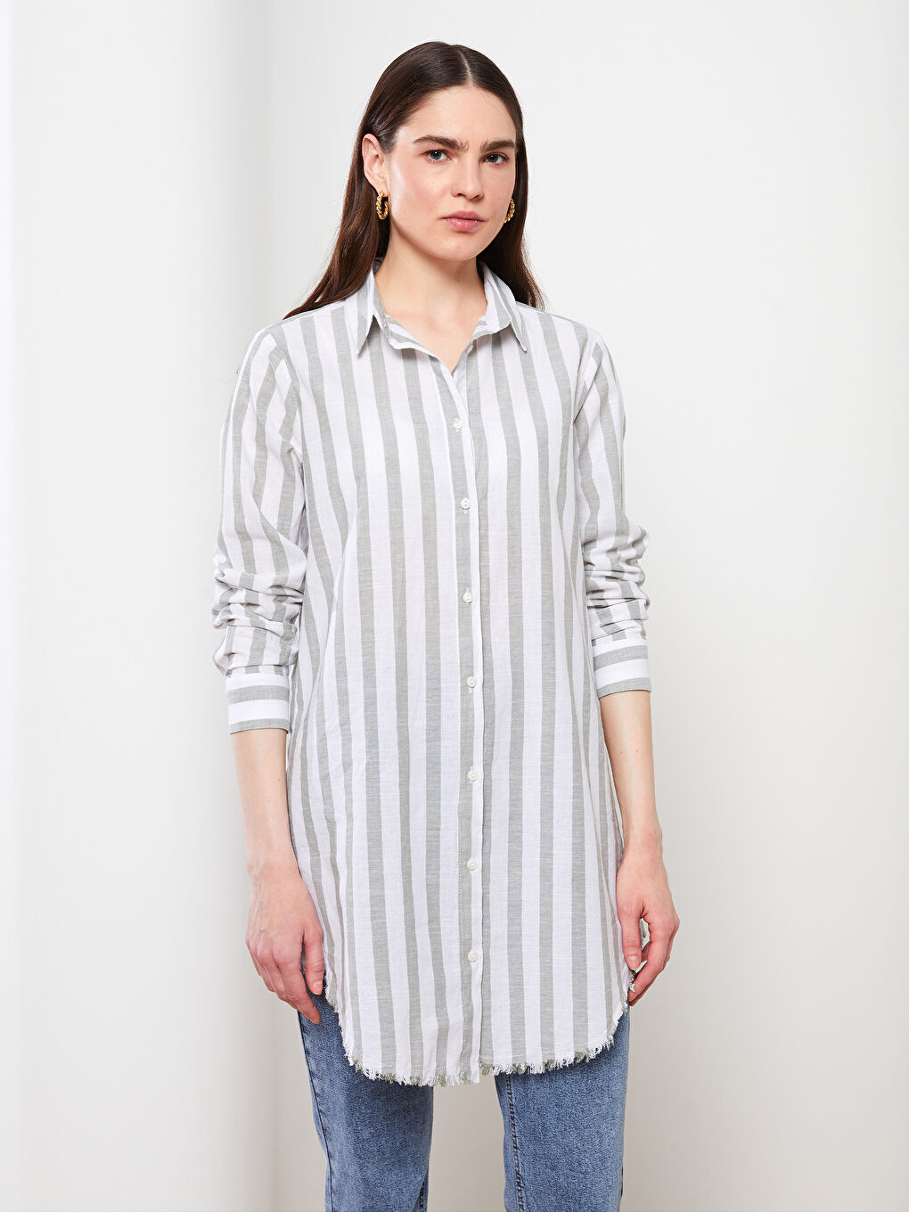 Haki Çizgili Kadın Gömlek Tunik-3