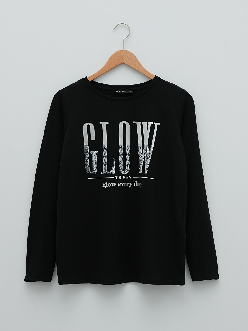 әйелдерге арналған ұзын жеңді дөңгелек жағалы әріп принтті футболка-3