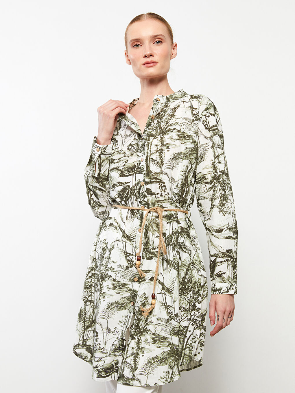 Yeşil Hakim Yaka Desenli Uzun Kollu Kadın Tunik