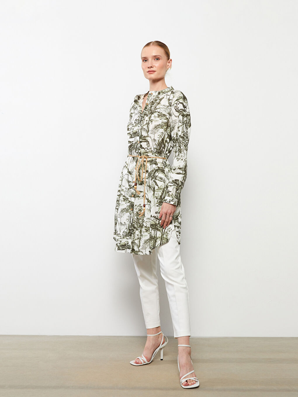 Yeşil Hakim Yaka Desenli Uzun Kollu Kadın Tunik-1