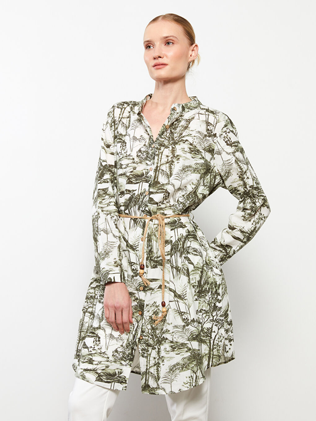 Yeşil Hakim Yaka Desenli Uzun Kollu Kadın Tunik-2