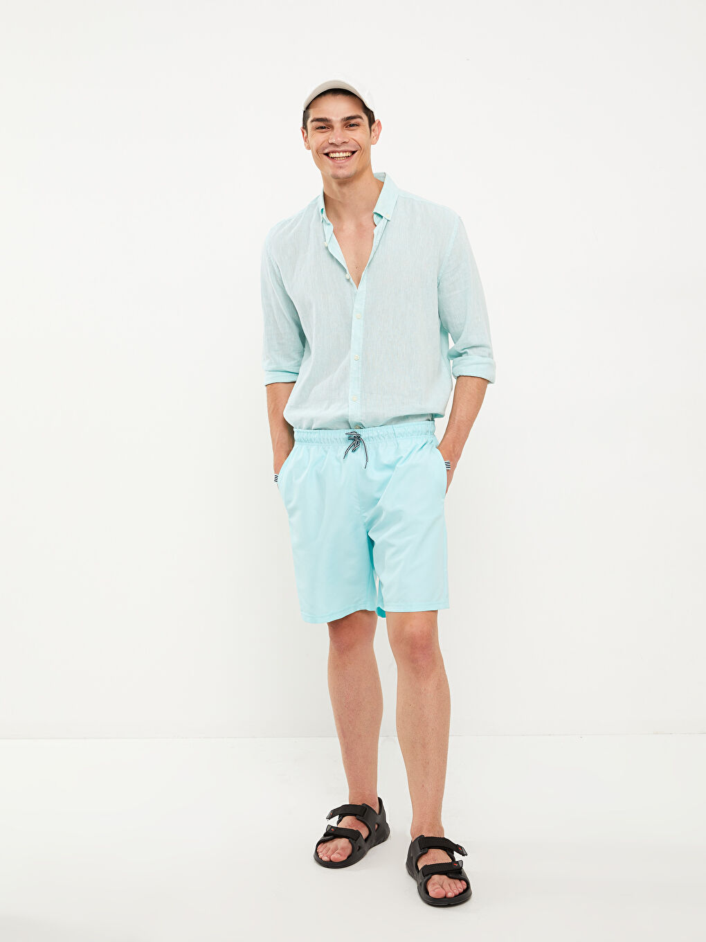 Yeşil Diz Hizası Boy Basic Erkek Deniz Şortu-1