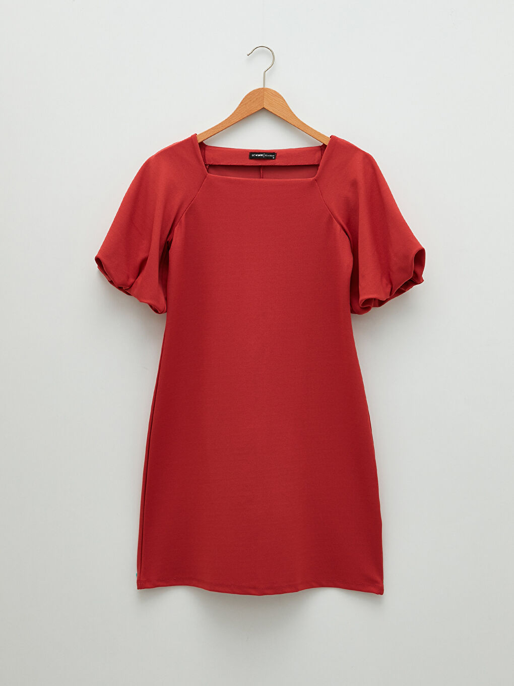 Kırmızı Kare Yaka Düz Kısa Kollu Viskon Kadın Bodycon Elbise-5