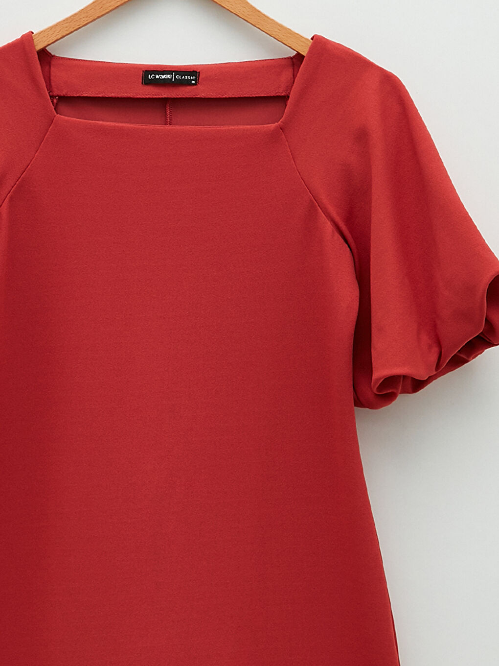 Kırmızı Kare Yaka Düz Kısa Kollu Viskon Kadın Bodycon Elbise-7