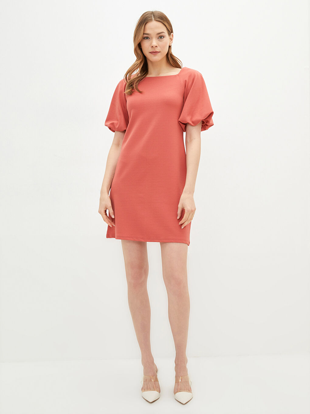 Kırmızı Kare Yaka Düz Kısa Kollu Viskon Kadın Bodycon Elbise-1