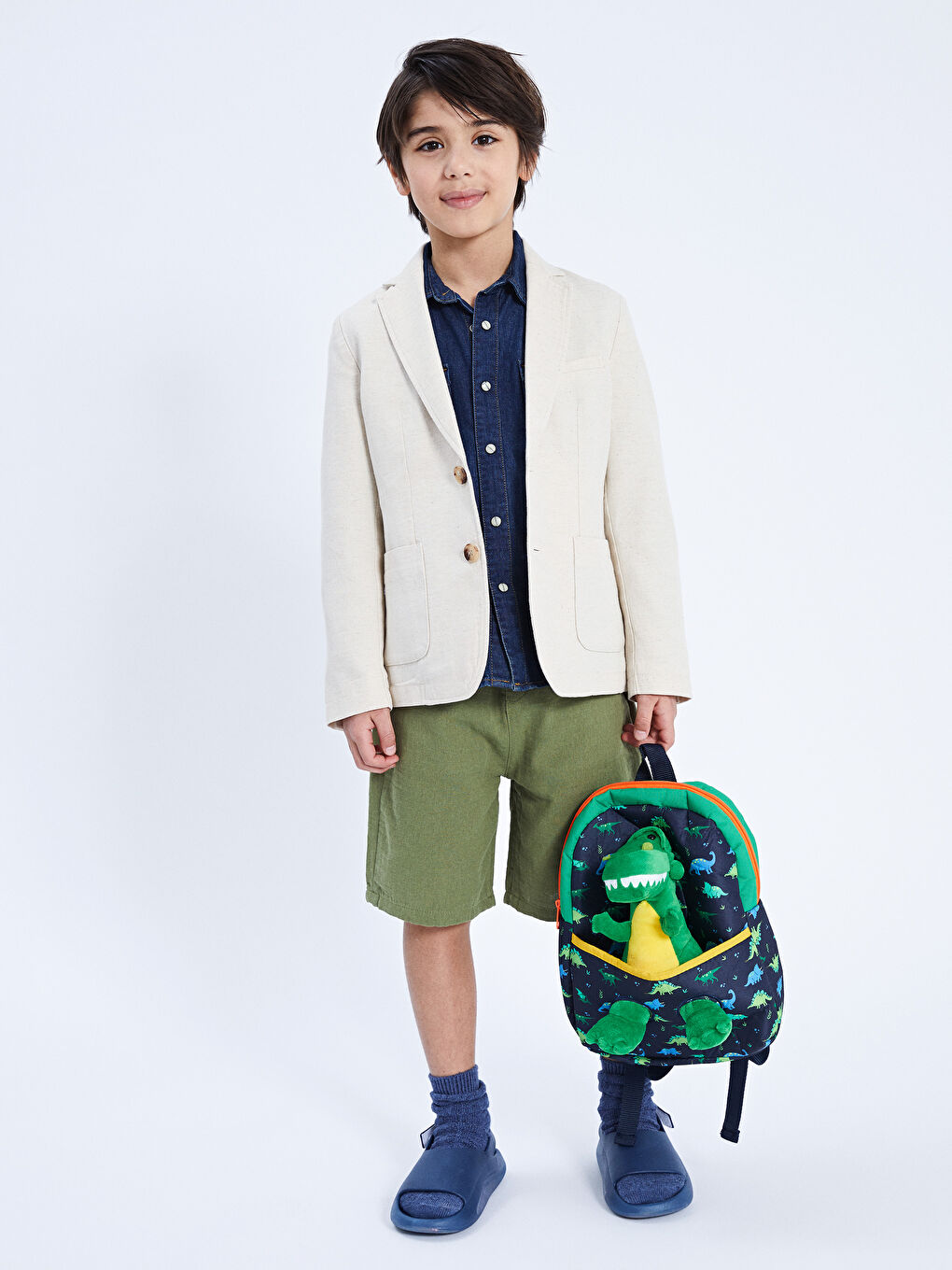 Lacivert Dinozor Oyuncaklı Baskılı Erkek Çocuk Sırt Çantası-1
