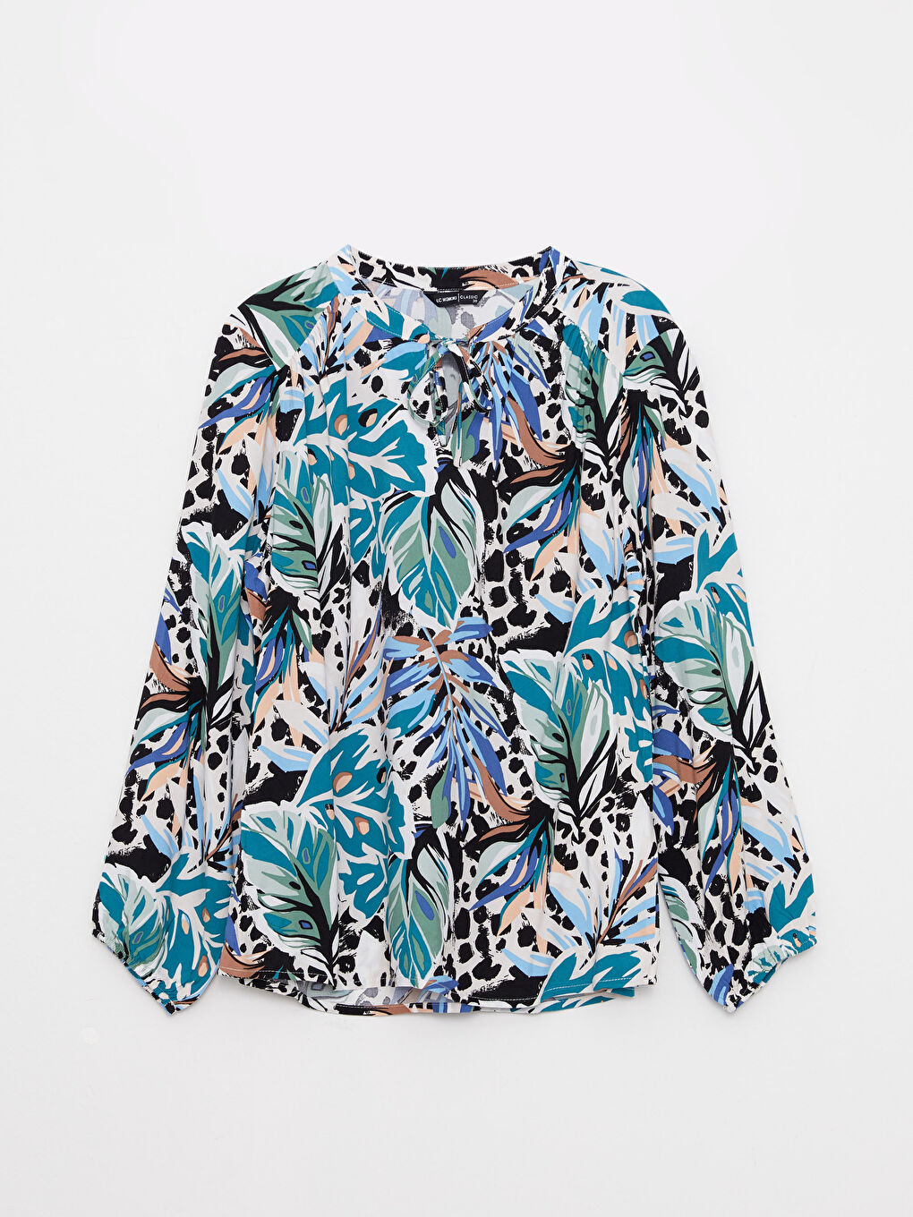 Haki Bağlamalı Yaka Çiçekli Uzun Kollu Viskon Kadın Bluz-5