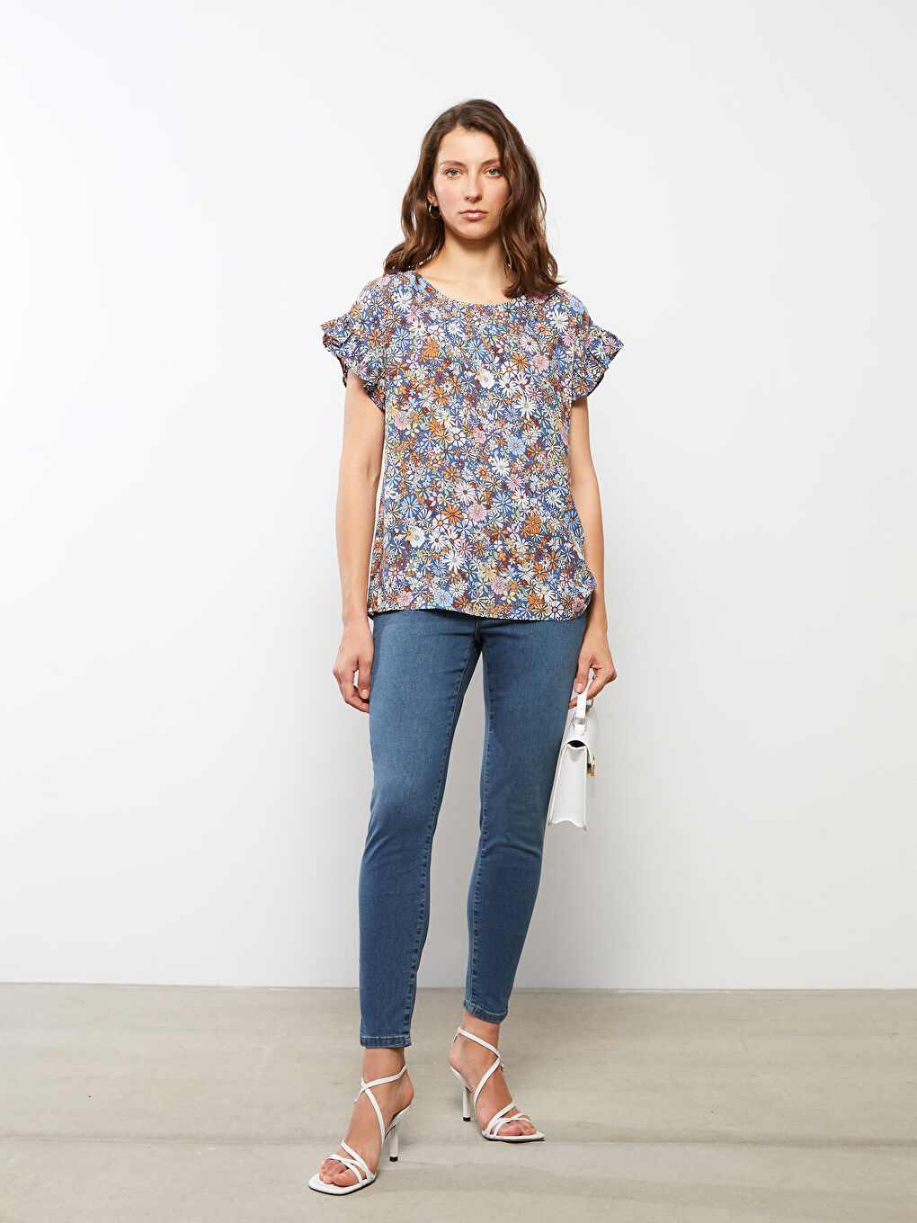 Crew Neck Floral Short Sleeve Viscose Women's Blouse