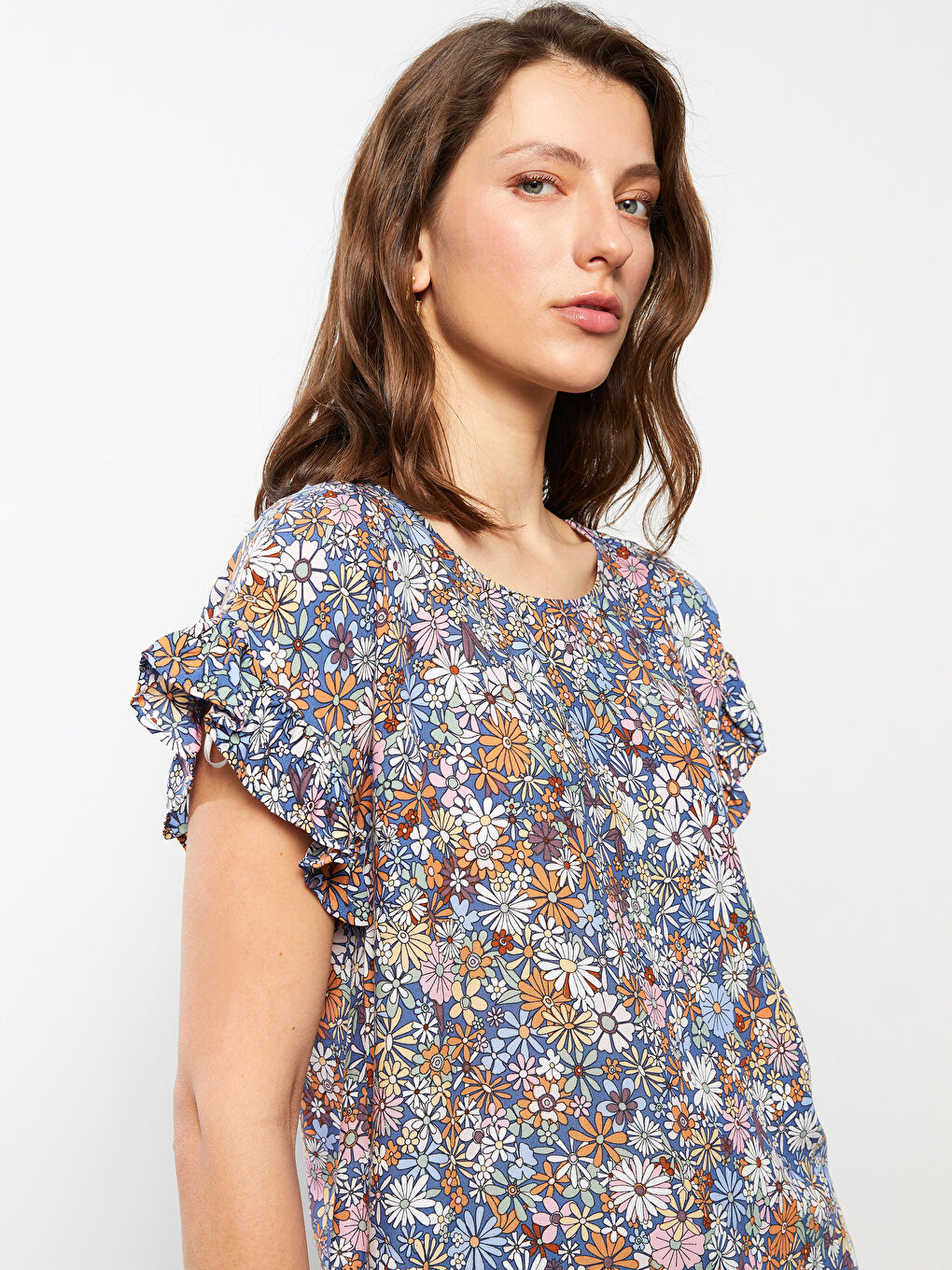 Crew Neck Floral Short Sleeve Viscose Women's Blouse-1