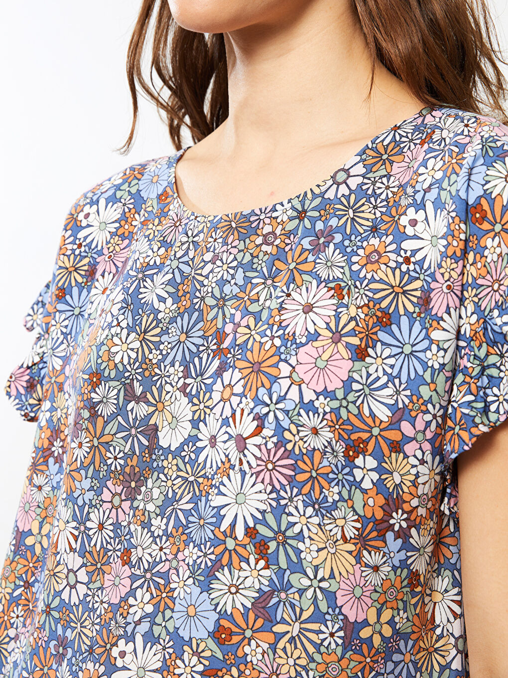 Crew Neck Floral Short Sleeve Viscose Women's Blouse-2