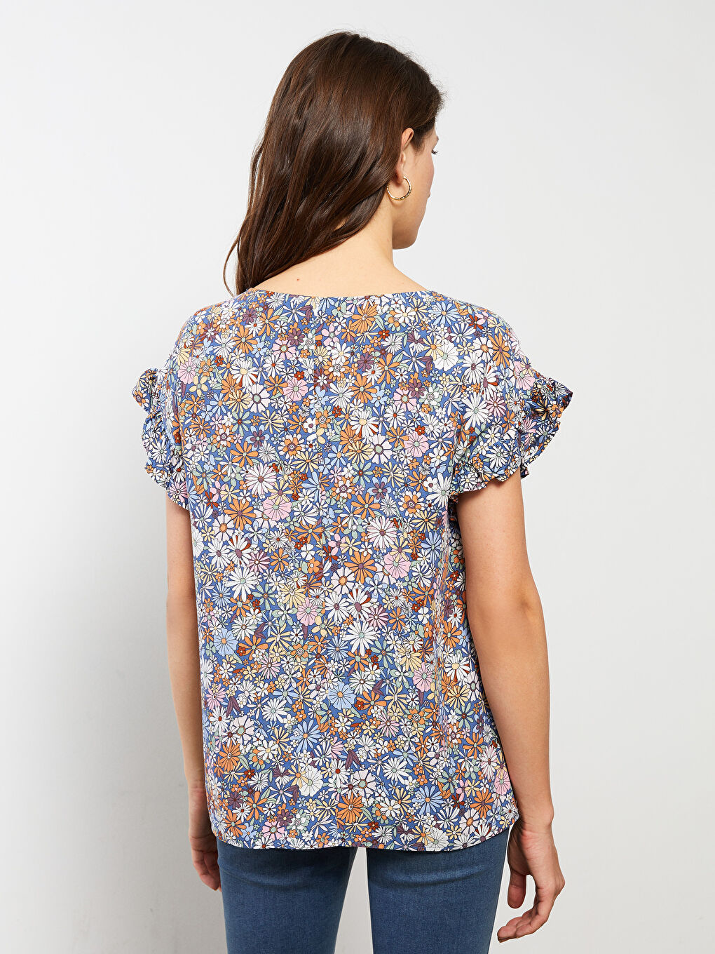 Crew Neck Floral Short Sleeve Viscose Women's Blouse-3