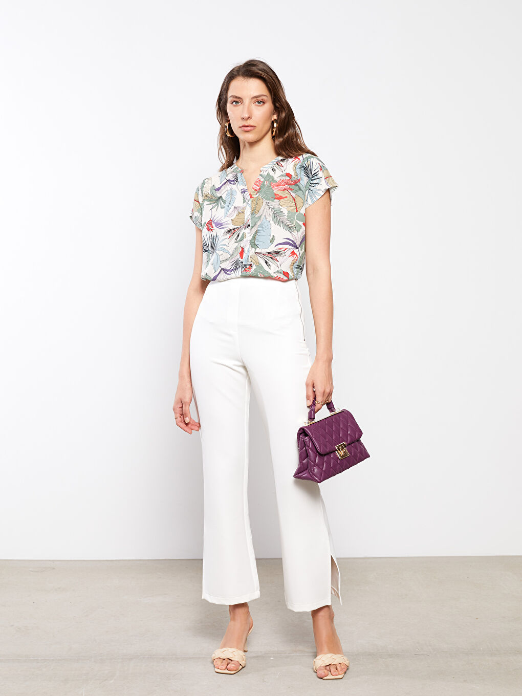 Henley Neckline Pattern Short Sleeve Crepe Women's Blouse-2