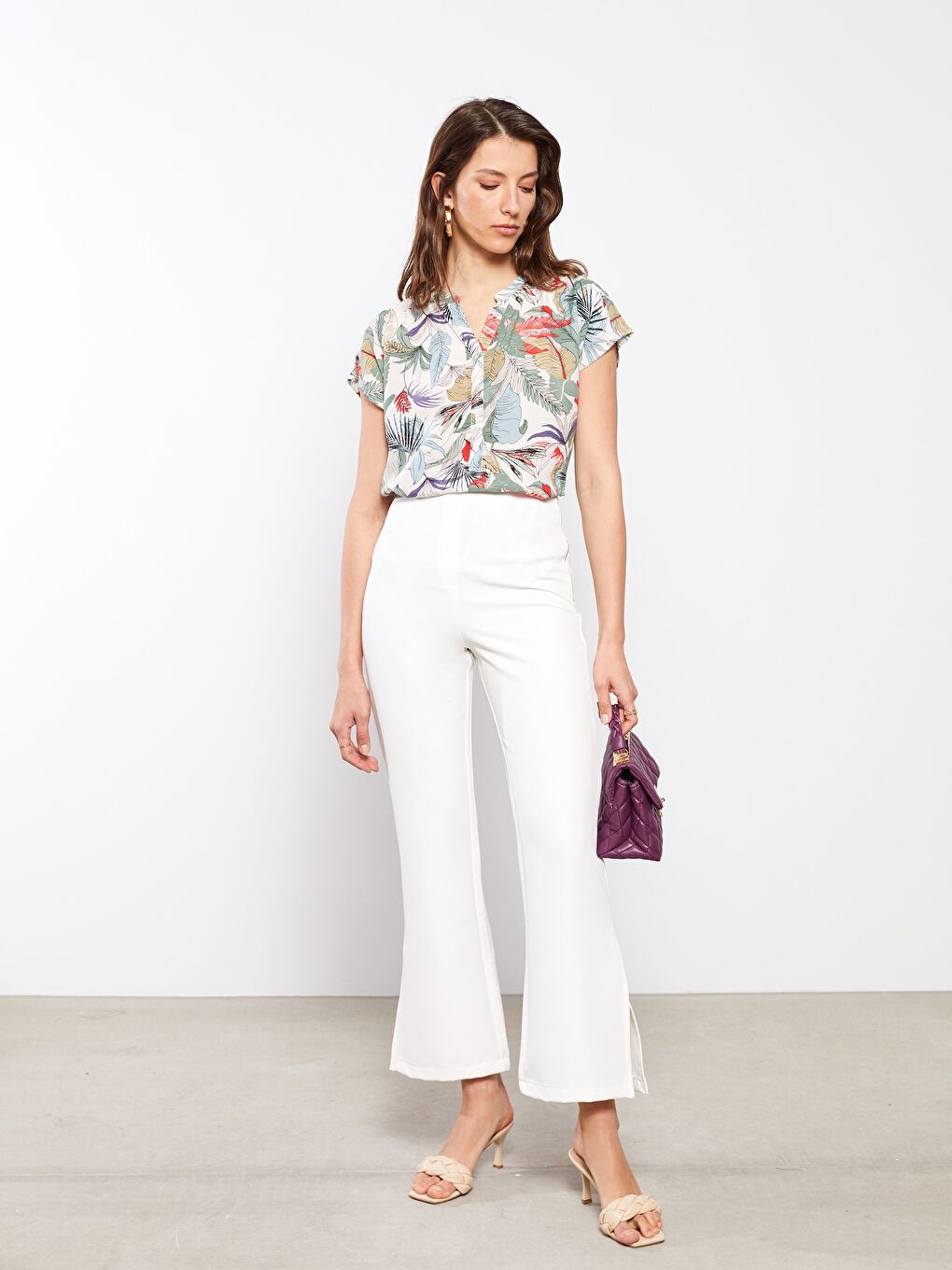 Henley Neckline Pattern Short Sleeve Crepe Women's Blouse-3